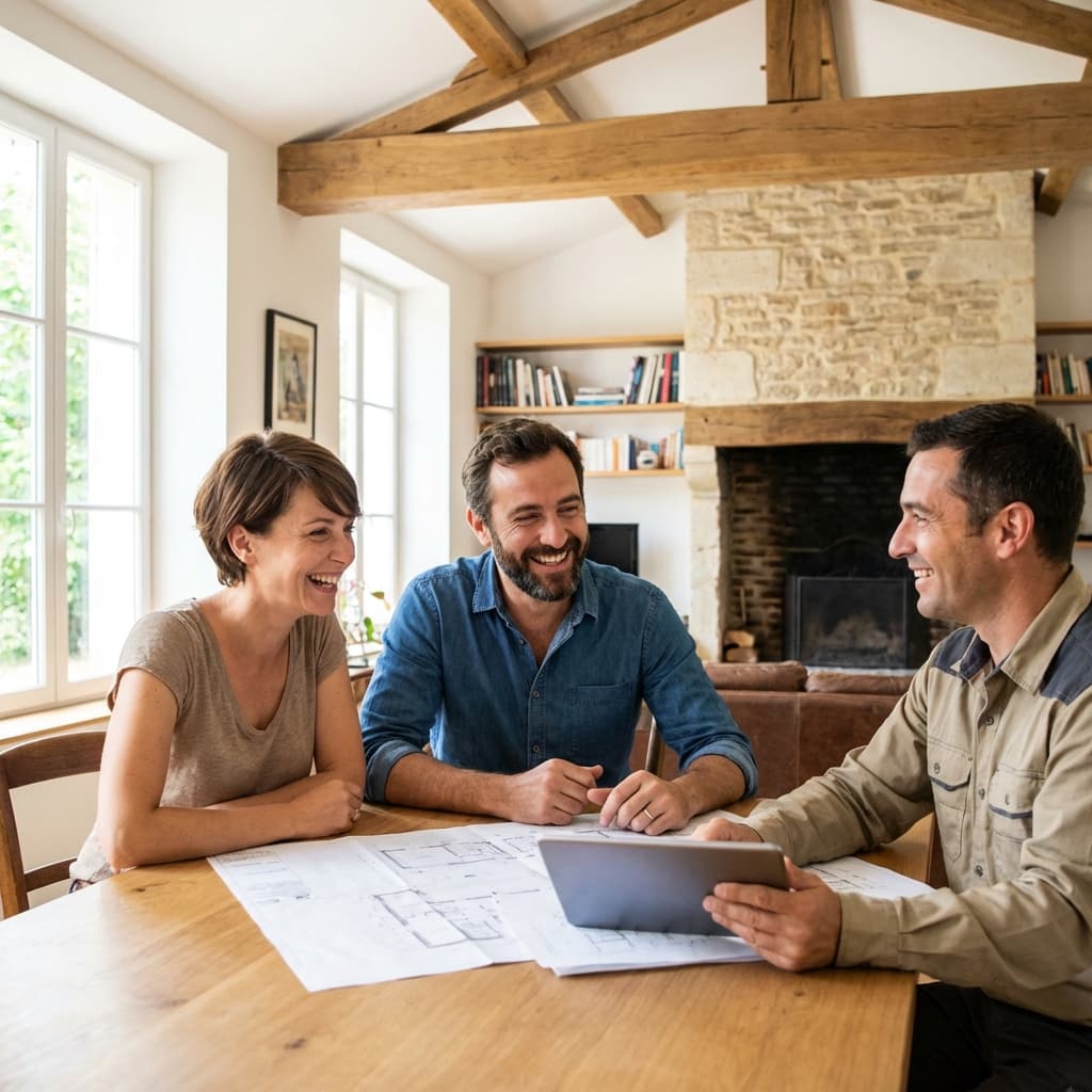 Couple de propriétaires discutant de leur projet de rénovation avec un artisan