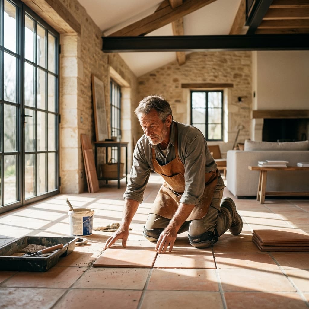 Artisan carreleur au travail dans une maison en rénovation