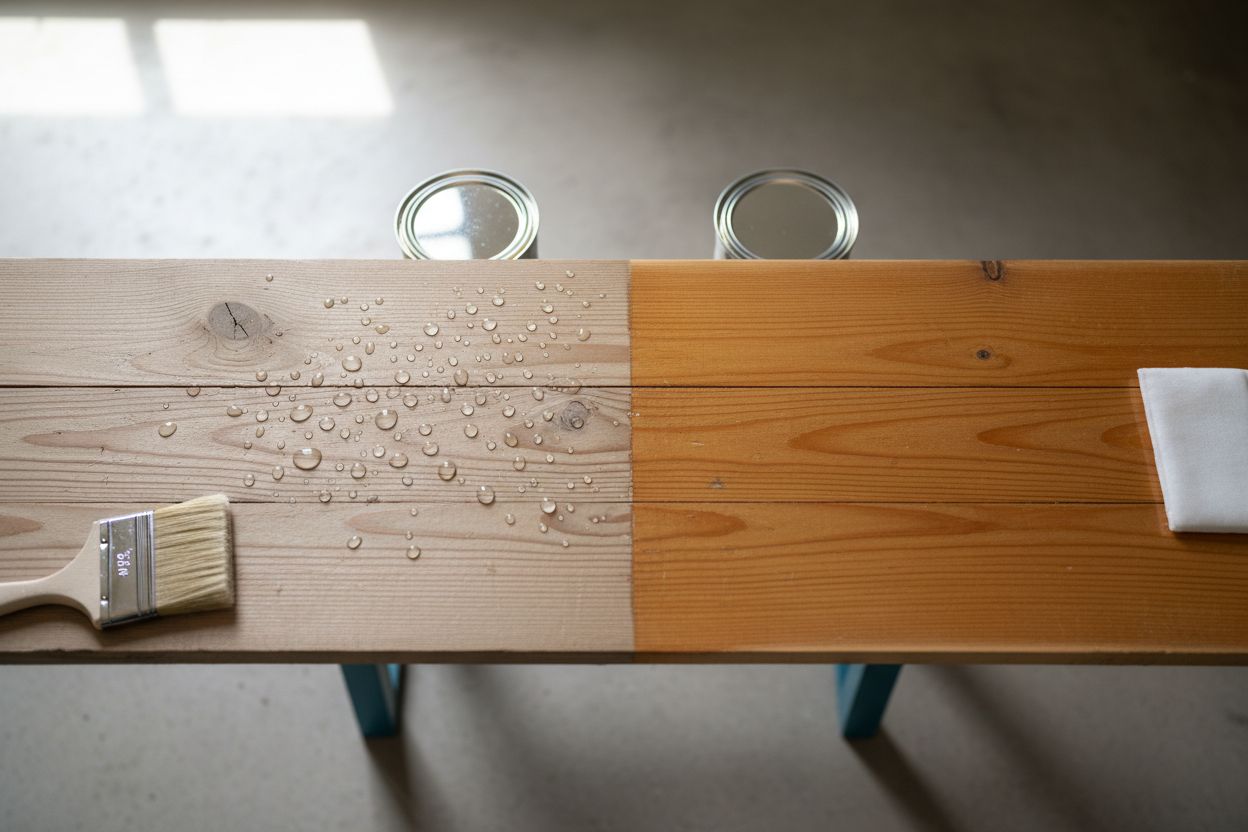 Planche de bois traitée moitié au saturateur, moitié à l'huile